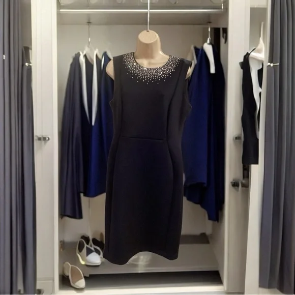 Calvin Klein Navy Blue and Crystal Embellished Short Sleeve Dress NWT SZ 12 - Picture 2 of 10